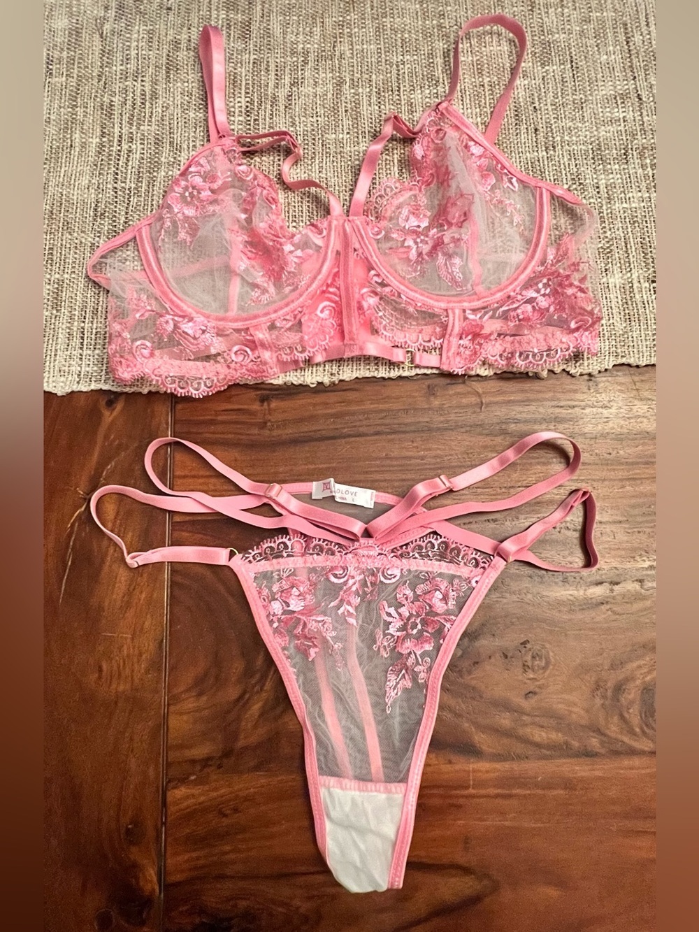 Sheer Pink Embroidered Lace Bra & Thong Set by Alove